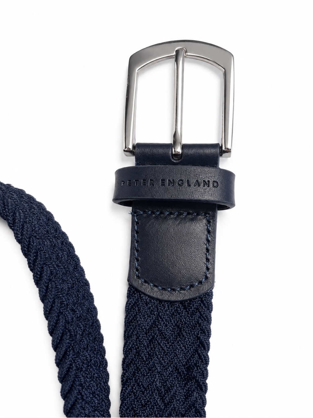 Peter England Navy Braided Stretch Woven Belt Leather Trim Silver Buckle 100cm